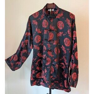 Golden Dragon Men's XL Satin Chinese Tang Jacket Black & Red Dragon Brocade VTG